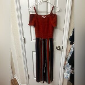 No Boundaries Small Off-Shoulder Jumpsuit in Red and Multicolor Stripes